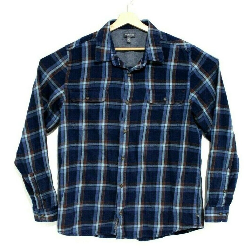 Toad & Co Mens Extra Large Slim Blue Organic Cotton Plaid Flannel Button Down